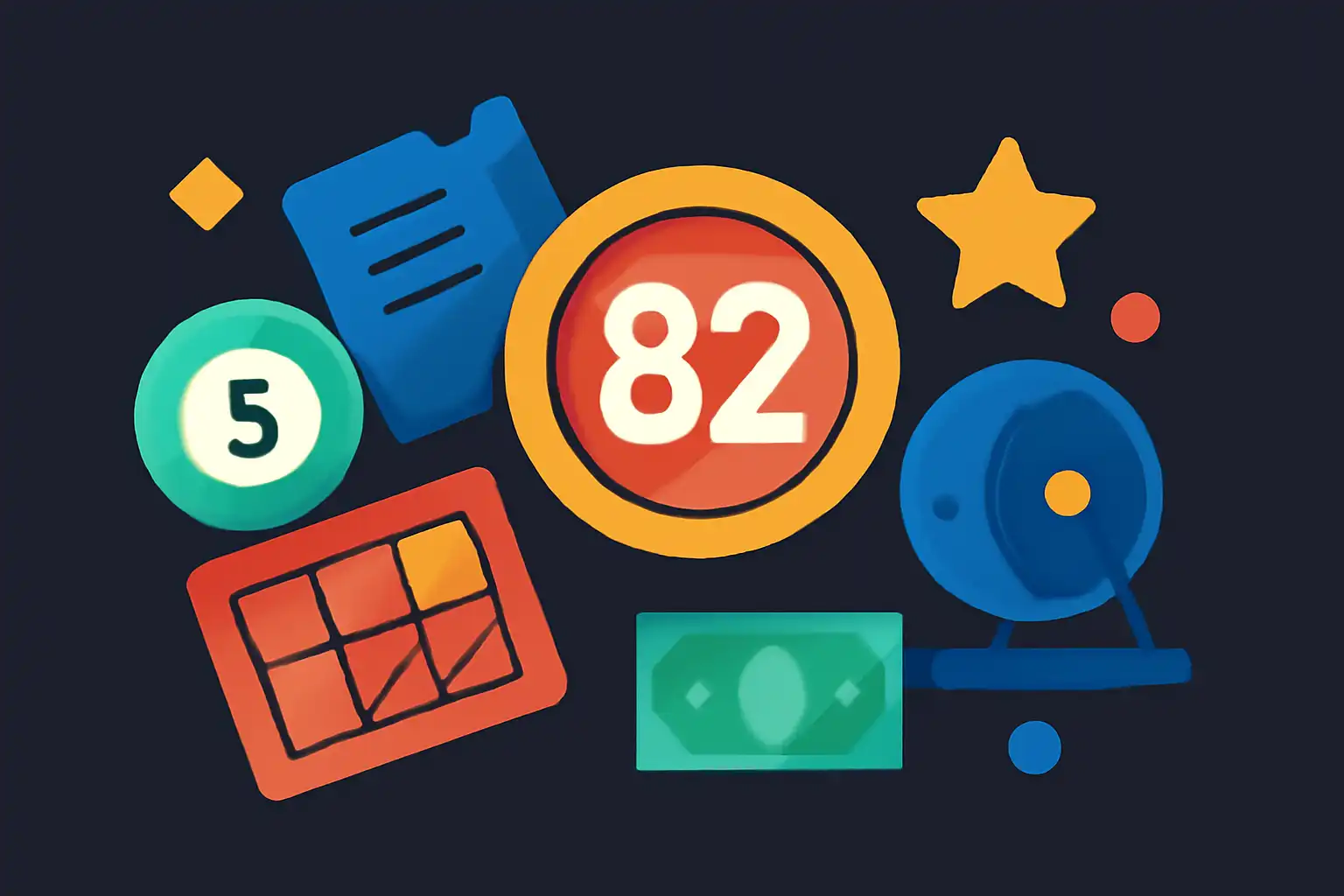 Hero illustration: 82 Lottery, modern flat design, dark background, brand-neutral, icons and shapes only, no text