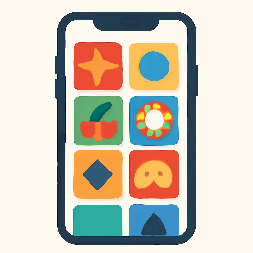 Smartphone shown from the front displaying a colourful flat layout of abstract game icons and rounded tiles (no text, no letters, no labels), 82 Lottery