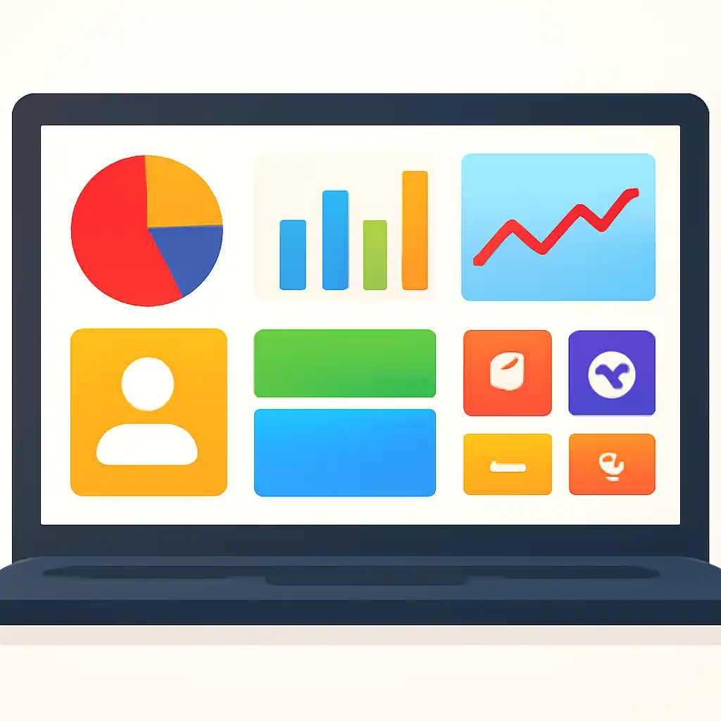 Laptop shown from the front displaying a colourful flat dashboard of abstract charts, bars and icon tiles (no text, no letters, no labels), 82 Lottery