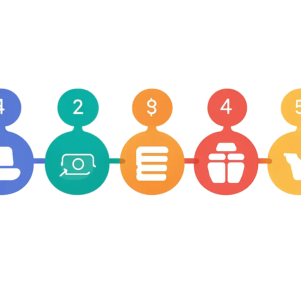 Five numbered circular icons connected by arrows in a horizontal flow, flat illustration, icons only, no words, 82 Lottery steps
